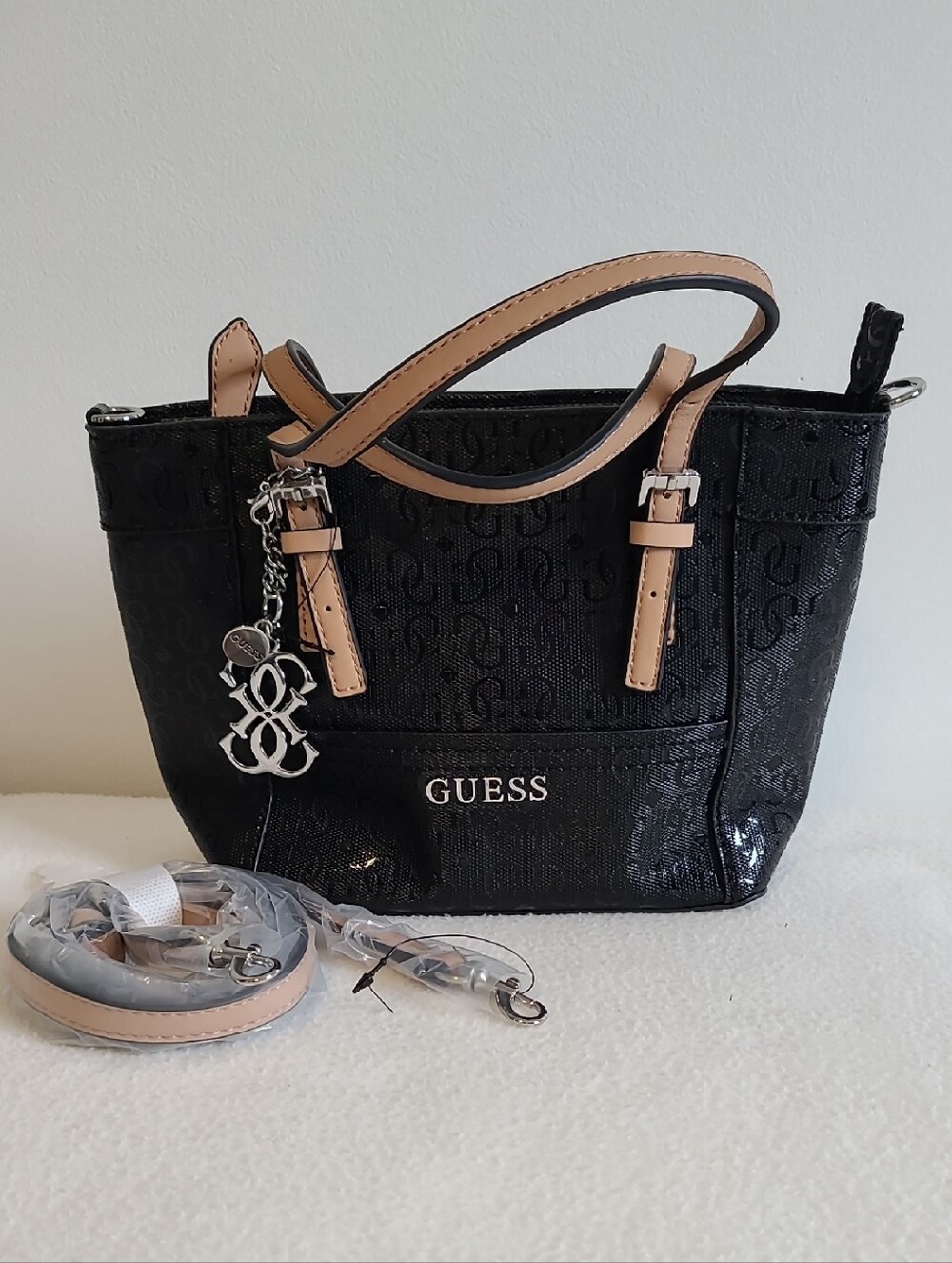 Guess Black Handbag with Tan Handles and Logo Charm